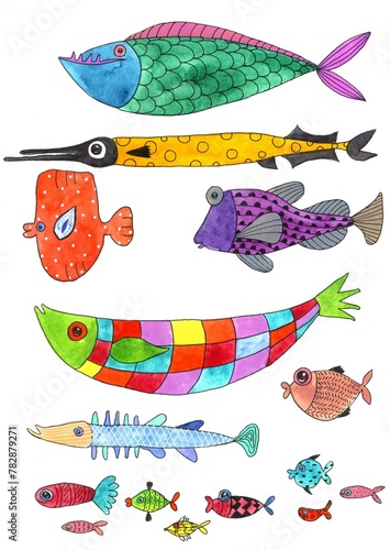 a set of cartoon watercolor colorful fish of different shapes and sizes on a white background.