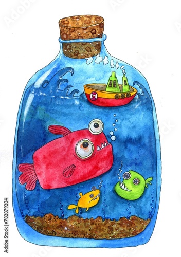 watercolor drawing of cheerful toothy fish in a bottle and a boat with smoke from a chimney. A hand-painted aquarium for children.