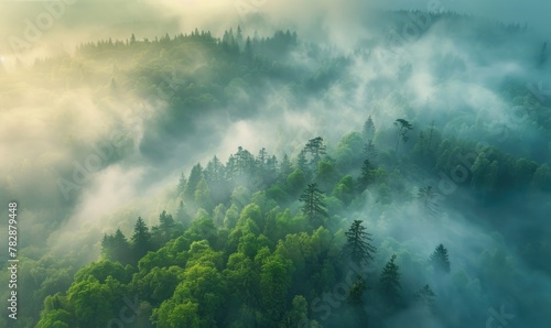 Beautiful trees from a top view of a valley with fog and morning light in an aerial photograph. © grigoryepremyan