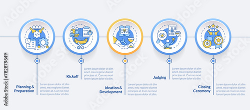 Hackathon process structure blue circle infographic template. Data visualization with 5 steps. Editable timeline info chart. Workflow layout with line icons. Lato-Bold, Regular fonts used
