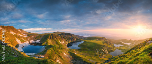 Aerial panoramic view of Seven Rila lakes and waterfalls in nature of mountain range, hiking, trekking and tourism in Bulgaria © ValentinValkov