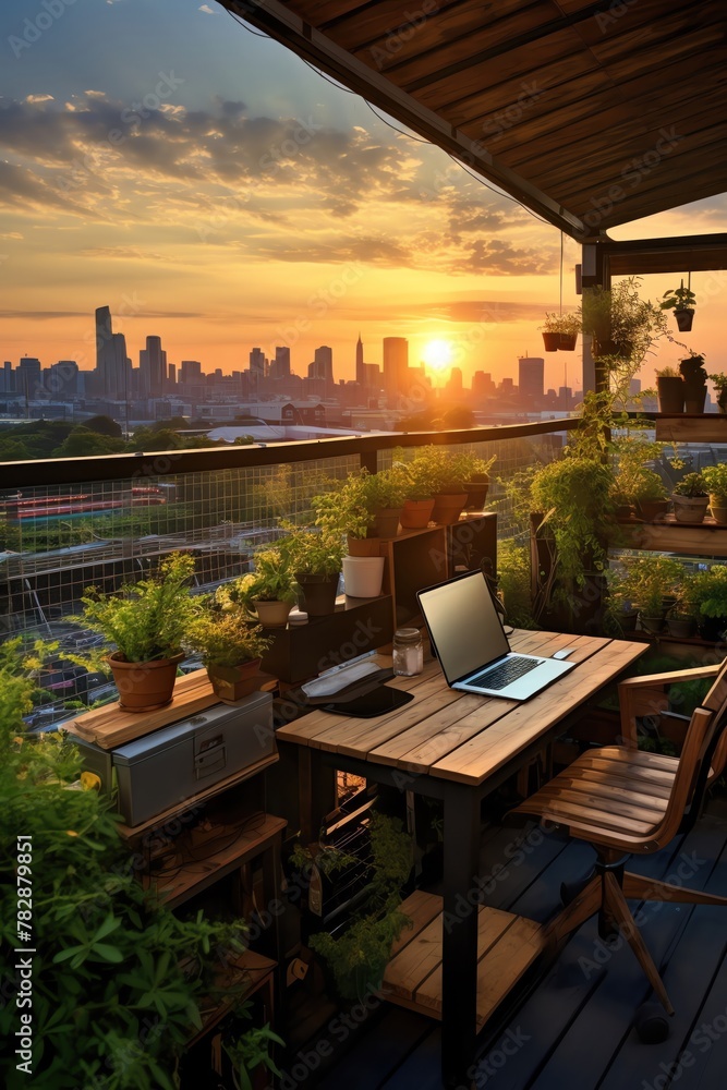 Green rooftop workspace, urban skyline, potted plants, reclaimed wood furniture, dawn light