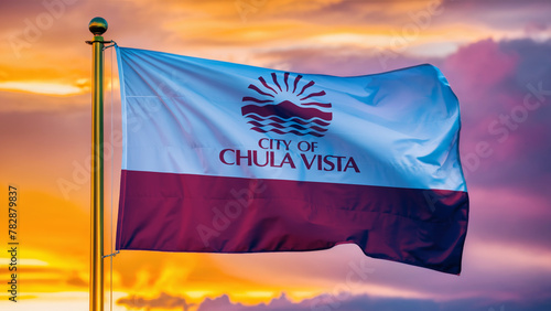 Chula Vista California Waving Flag Against a Cloudy Sky at Sunset. photo