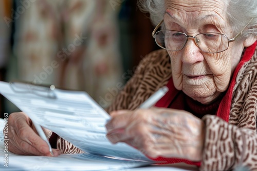 Elderly woman concentrating on paperwork in cozy home setting photo