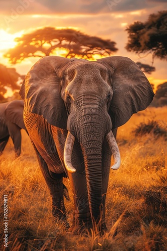Ecotourism safari, observing elephants, wild, room for text, eyelevel, golden hour, savannah © auc
