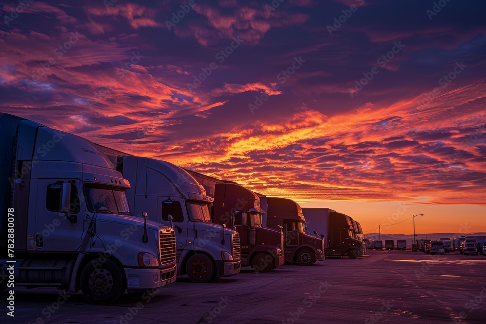 Stunning sunrise over a row of trucks parked at a rest stop Stunning sunrise over a row of trucks parked at a rest stop