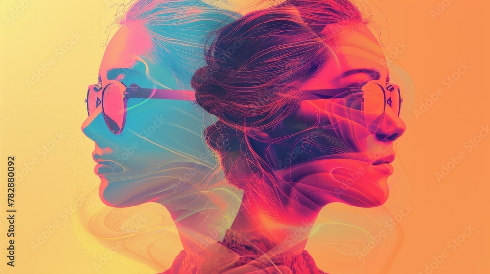 Vector art character, Abstract Double Exposure Female Portrait, flat design into 3D space, Vector art character, Abstract Double Exposure Female Portrait, flat design into 3D space,