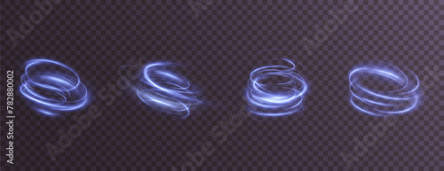 Abstract vector light lines swirling in a whirl. Light simulation of line movement. Light trail from the ring. Illuminated podium for promotional products.	