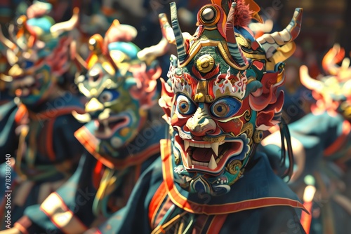 Rare glimpse into the Bhutanese Tshechu Festival, monks in elaborate masks performing dances © auc