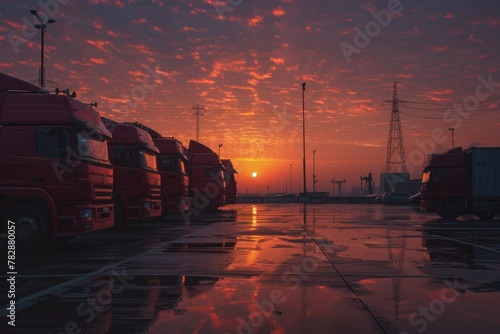 Sunrise at the truck stop with colorful sky and parked vehicles