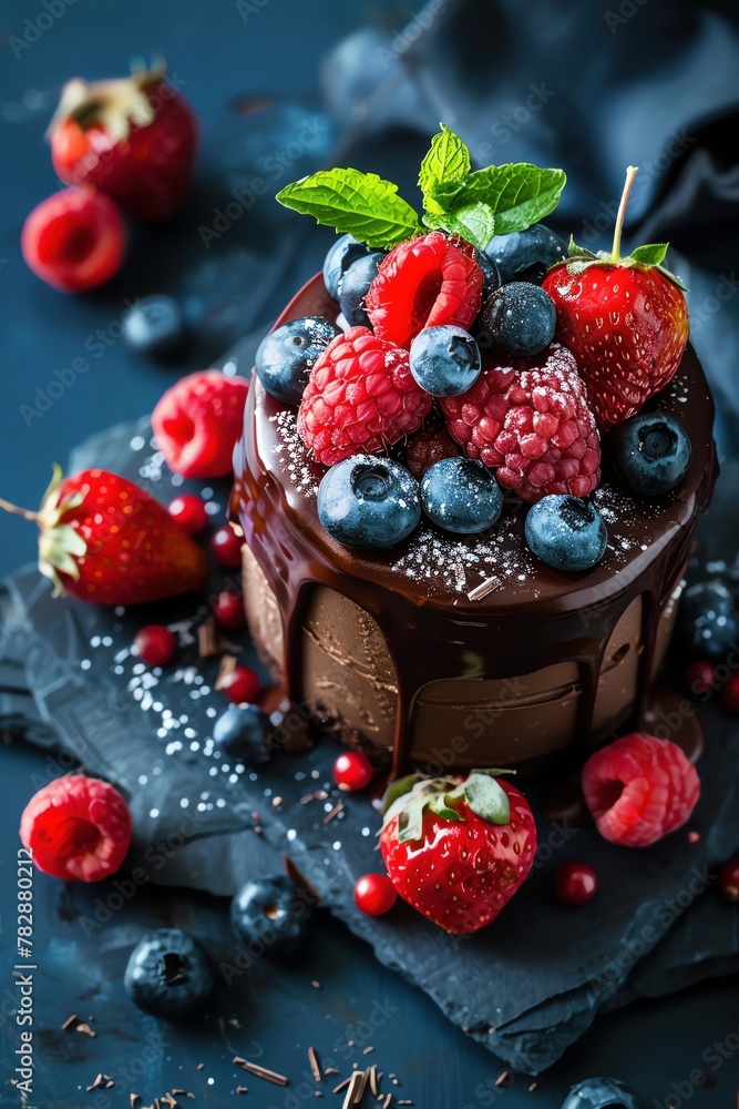 Plantbased dessert, vegan chocolate cake, berries, minimal, space for text, dim evening light Plantbased dessert, vegan chocolate cake, berries, minimal, space for text, dim evening light