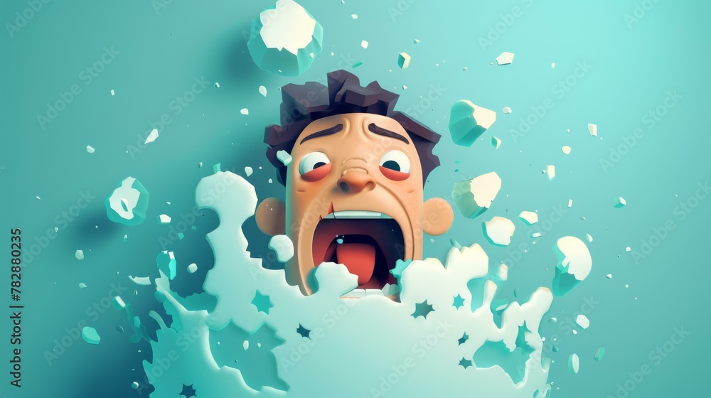 Vector art character, crying, popping out of a flat design into 3D space,