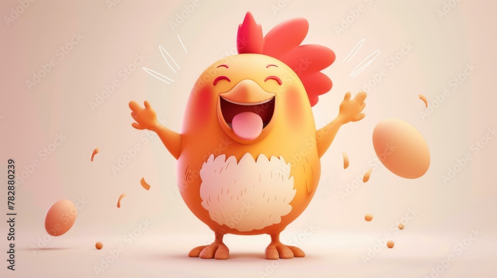 Vector art character, Egg and happiness Chicken, excitement, flat design into 3D space, Vector art character, Egg and happiness Chicken, excitement, flat design into 3D space,