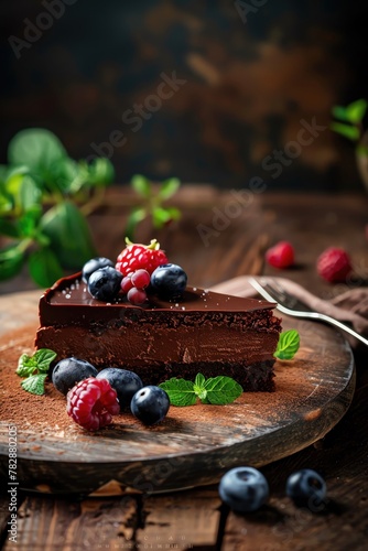 Plantbased dessert, vegan chocolate cake, berries, minimal, space for text, dim evening light photo