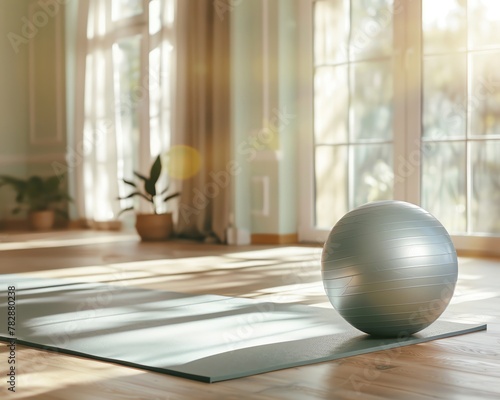 Pilates setup in a cozy room, mat, stability ball, pastel colors, gentle light, side space for text