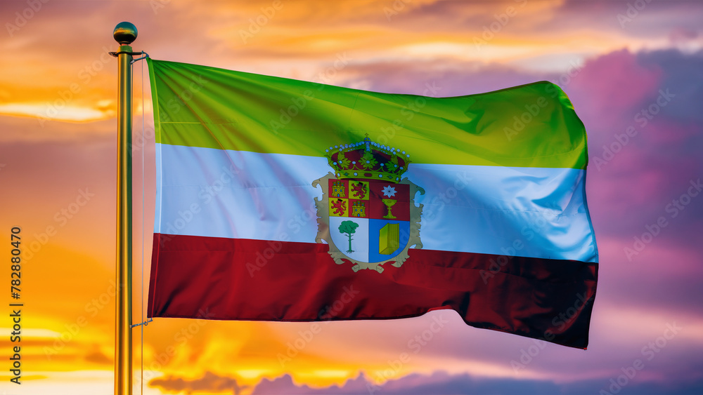 Fototapeta premium Cuenca Waving Flag Against a Cloudy Sky at Sunset.