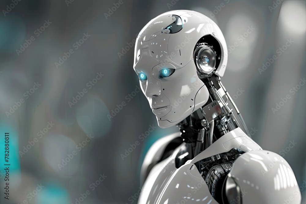 A highly detailed 3D rendering of a realistic robot head and upper torso. A highly detailed 3D rendering of a realistic robot head and upper torso.