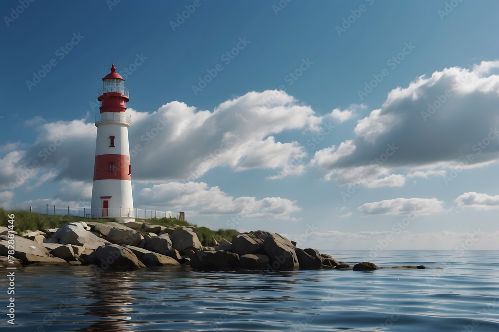 A lighthouse in the ocean with clean weather