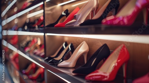 Woman shoes on high heels on a boutique shelf. photo