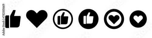 Set of modern thumb up or like and heart icon. Buttons for a mobile app. Vector isolated on background.