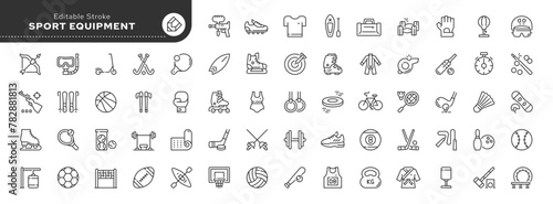 Sports equipment line icon set. Fitness, gym, sports training.  Outline vector icon in linear style. Conceptual pictogram collection