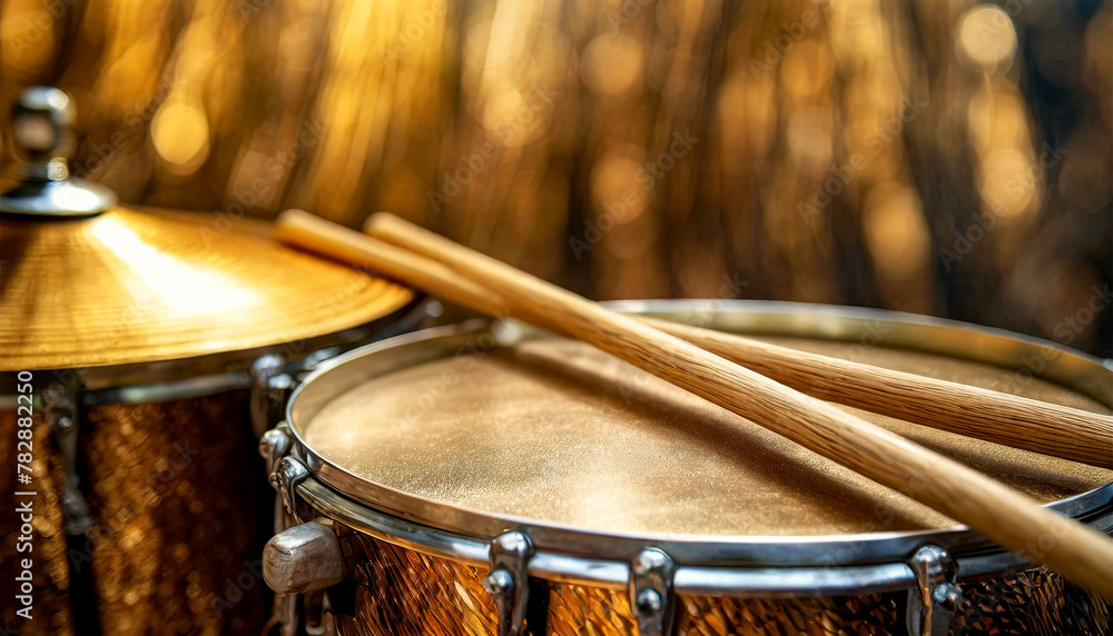 Obraz premium Close-up of two wooden drumsticks on an old metallic snare drum and golden colored cymbal with copy space. Percussion instrument concept. Generative Ai.