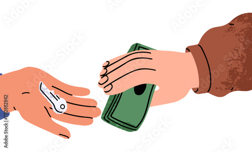 Spending money on key. Buying car, renting apartment, rental payment concept. Business hand selling, buyer paying with cash, paper bills. Flat graphic vector illustration isolated on white background