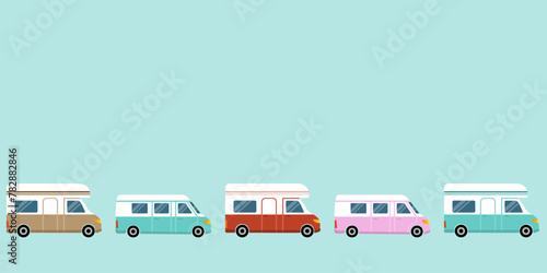 Retro camper vans and motorhomes tailback, line of cars.
