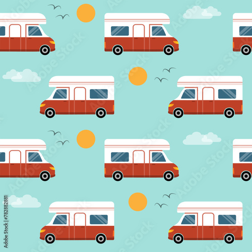 Seamless pattern with retro campers, motorhome caravan.