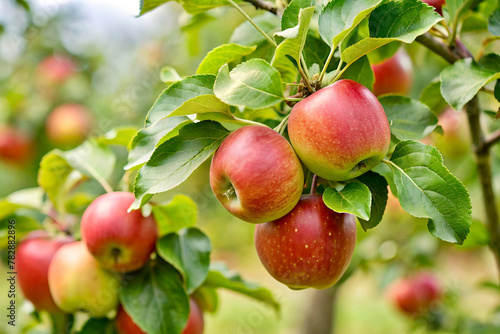 Ripe red apples on an apple tree branch photo