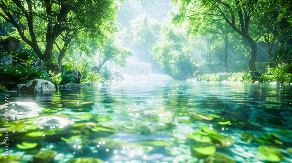 Tranquil forest scene with a serene waterfall, lush greenery, sunlight filtering through trees, and water filled with floating lily pads. Tranquil forest scene with a serene waterfall, lush greenery, sunlight filtering through trees, and water filled with floating lily pads.
