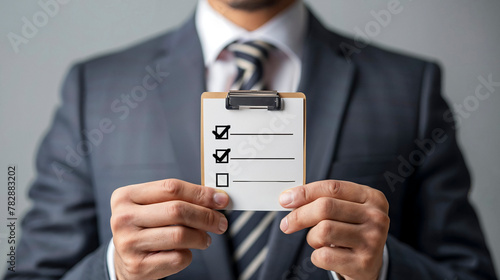 Businessman showing checklist, goal achievement.