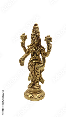 vintage brass handicraft idol of lord vishnu standing with multiple hands isolated in a white background