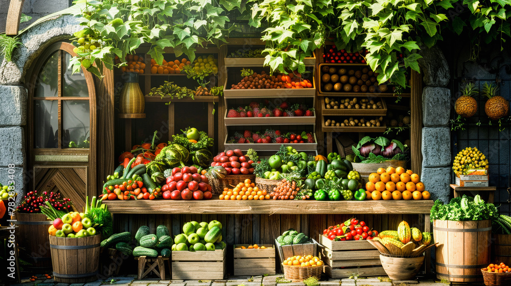 Obraz premium A richly stocked fruit and vegetable market stand overflowing with fresh produce, nestled within a charming stone building with green vines.