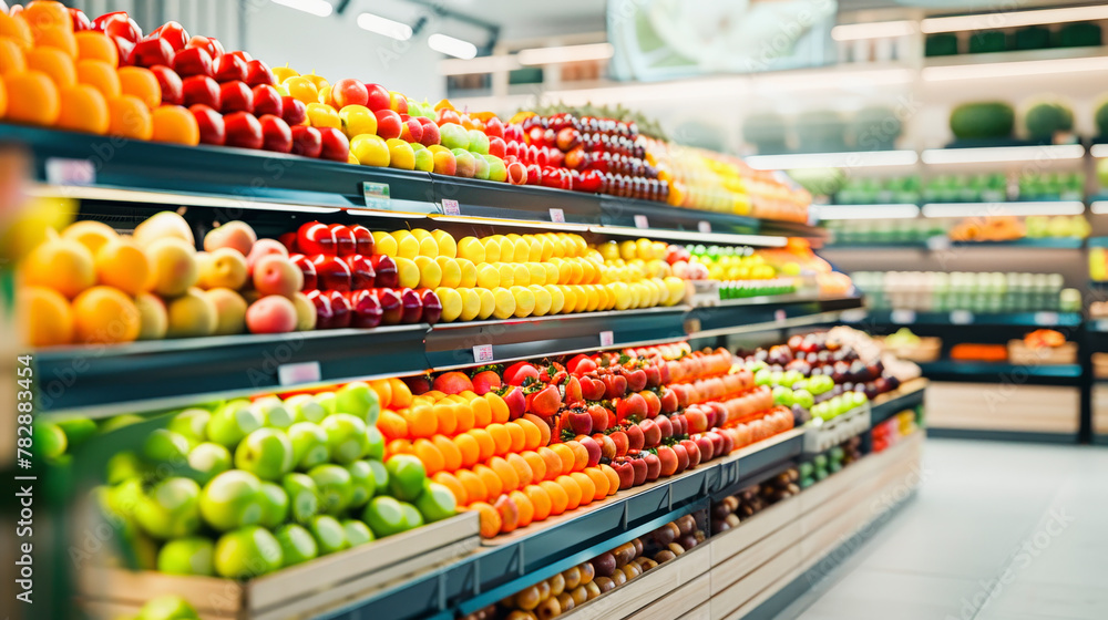 Aisle in a grocery store neatly displaying a variety of fresh fruits such as apples, oranges, and bananas, indicating abundance.