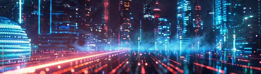 A futuristic representation of data transfer and cyber technology through a virtual landscape