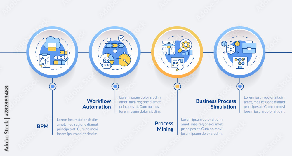 Business processes managing circle infographic template. Data visualization with 4 steps. Editable timeline info chart. Workflow layout with line icons. Lato-Bold, Regular fonts used