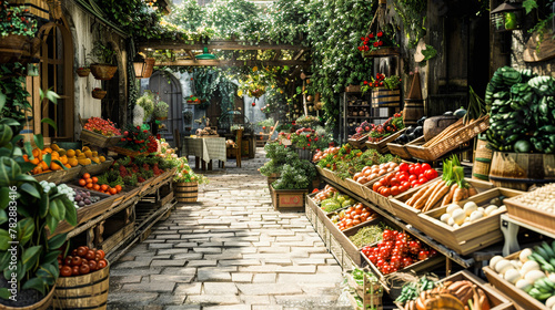 Charming cobblestone alley with abundant fruit and vegetable stands, lush greenery, and a vintage ambiance in a quaint outdoor market setting.