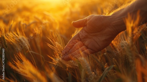Closeup of a farmer's hand touching a wheat field, with a golden color. photo