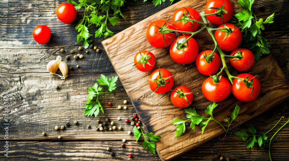 Fresh red tomatoes on a wooden cutting board with parsley, garlic, and peppercorns on a rustic wooden surface. Fresh red tomatoes on a wooden cutting board with parsley, garlic, and peppercorns on a rustic wooden surface.