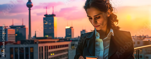 Sunset image of a woman looking at her mobile phone with worried face