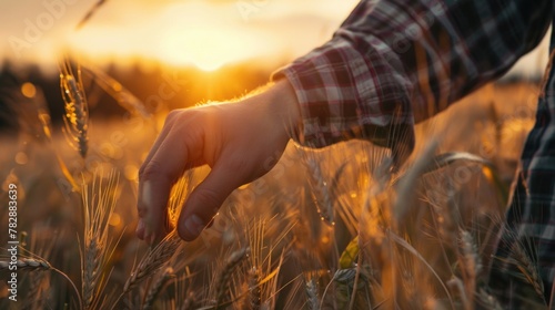 A male hand touching a wheat field at sunset, concept for healthy eating and organic food production.