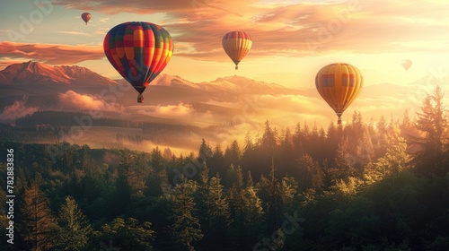 Colorful hot air balloons flying over the valley at sunrise.