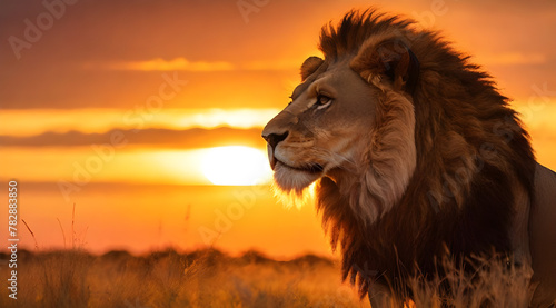 A Lion Silhouetted Against a Vibrant Horizon - Generated by AI