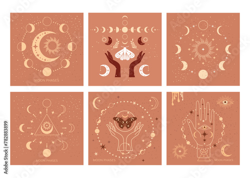 Banner set Mystical moon phases and woman hands and moth, alchemy esoteric magic space, sacred wheel of the year, vector isolated on color background