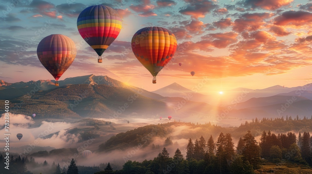 Beautiful natural landscape with flying colorful baloons.
