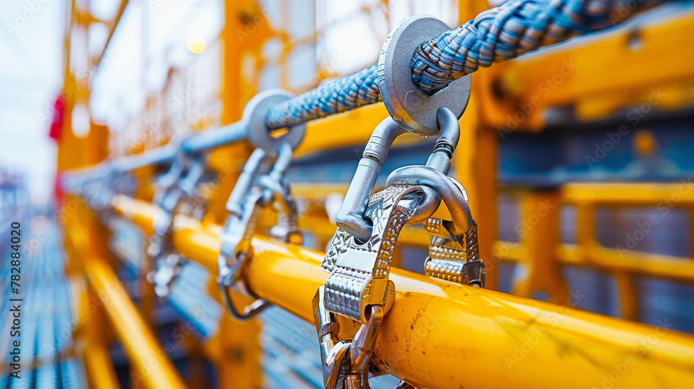 Close-up of metal cables secured with heavy-duty clamps and connectors on industrial yellow scaffolding. Safety and construction concept. Close-up of metal cables secured with heavy-duty clamps and connectors on industrial yellow scaffolding. Safety and construction concept.