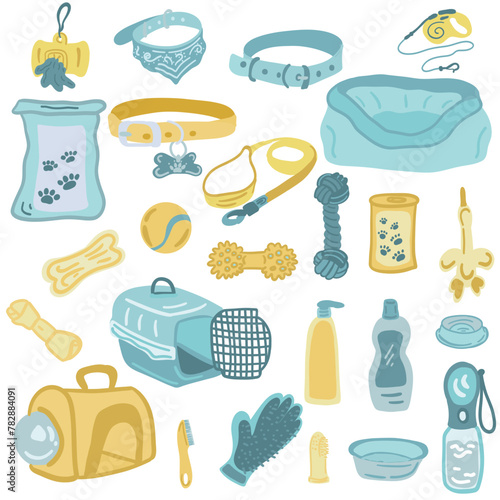 Big set flat design for dogs care food toys carriers shampoo