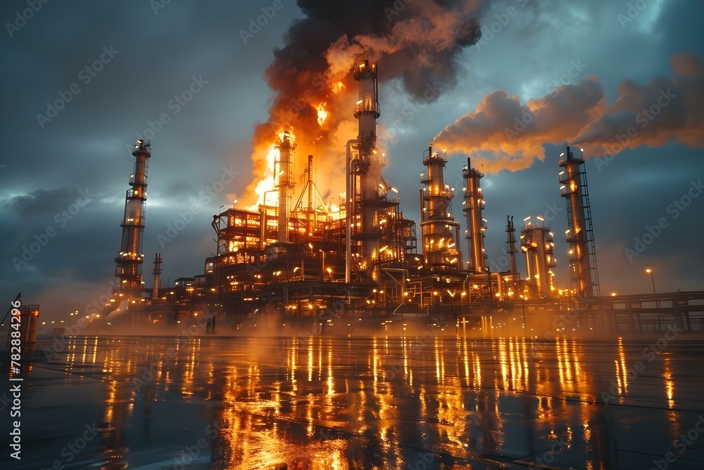 Blaze at Refinery: Industrial Crisis Captured in Stunning Detail. Concept Industrial Crisis, Refinery Fire, Emergency Response, Documenting Disaster, Environmental Impact