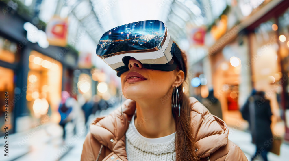 A woman in a shopping mall experiences virtual reality wearing a VR headset, surrounded by blurred onlookers and shops, Hyper-empathy AI and social commerce shopping A woman in a shopping mall experiences virtual reality wearing a VR headset, surrounded by blurred onlookers and shops, Hyper-empathy AI and social commerce shopping